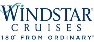 Windstar Cruises logo with tagline "180° FROM ORDINARY" in navy blue text
