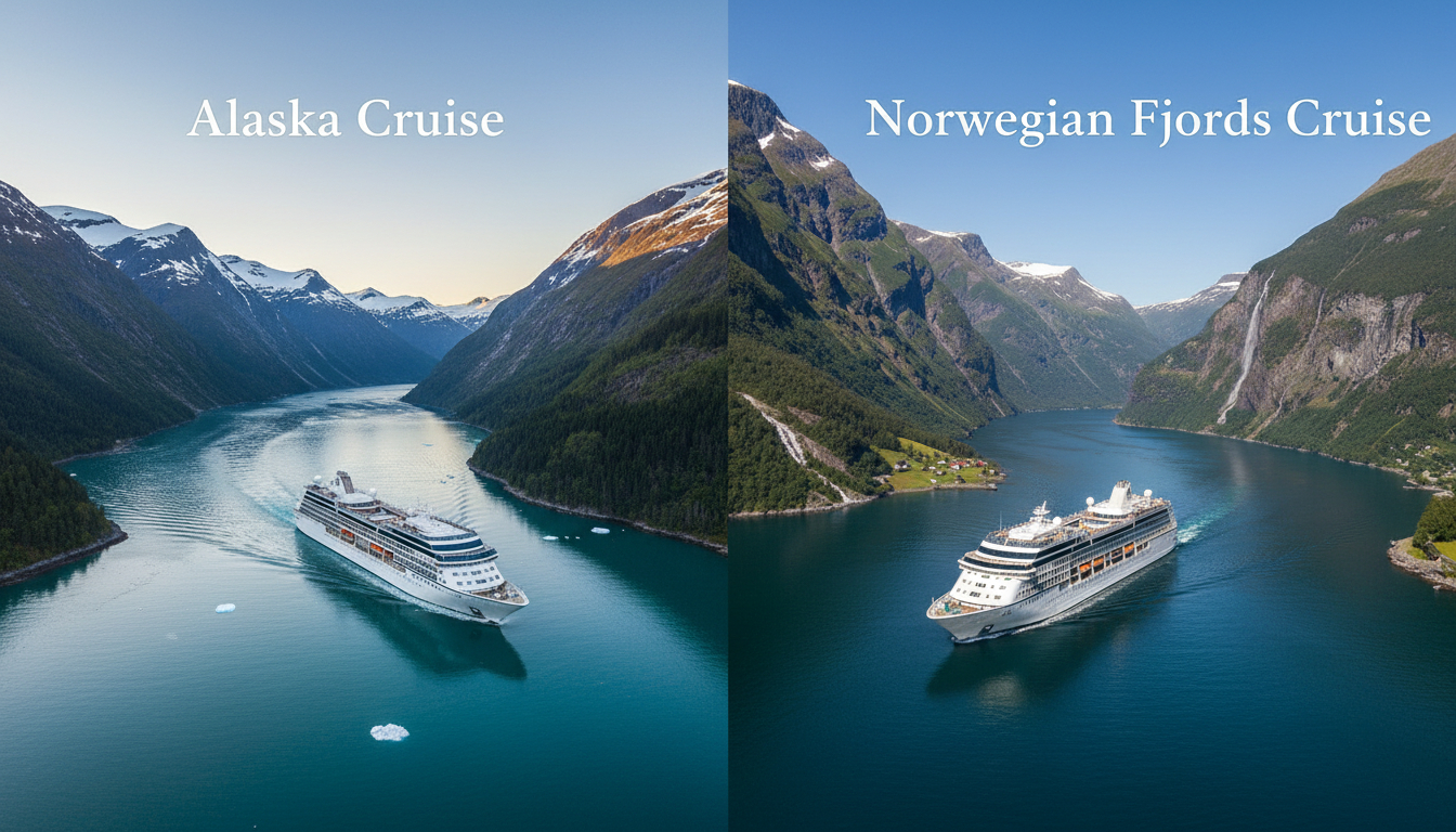 0c3604e4-0bf1-42f7-8ffe-48cc95cd11ed Cruise ships in turquoise fjord waters surrounded by snow-capped mountains and waterfalls