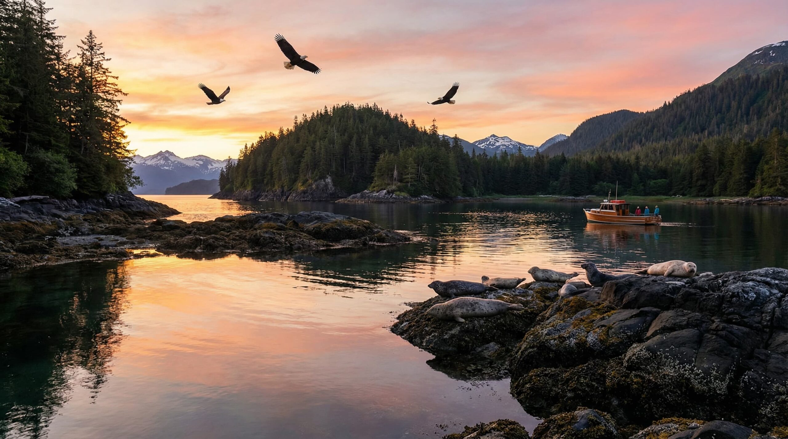 Shore_Excursion Mountain lake at sunset with fishing boat, seals on rocks, and eagles flying overhead