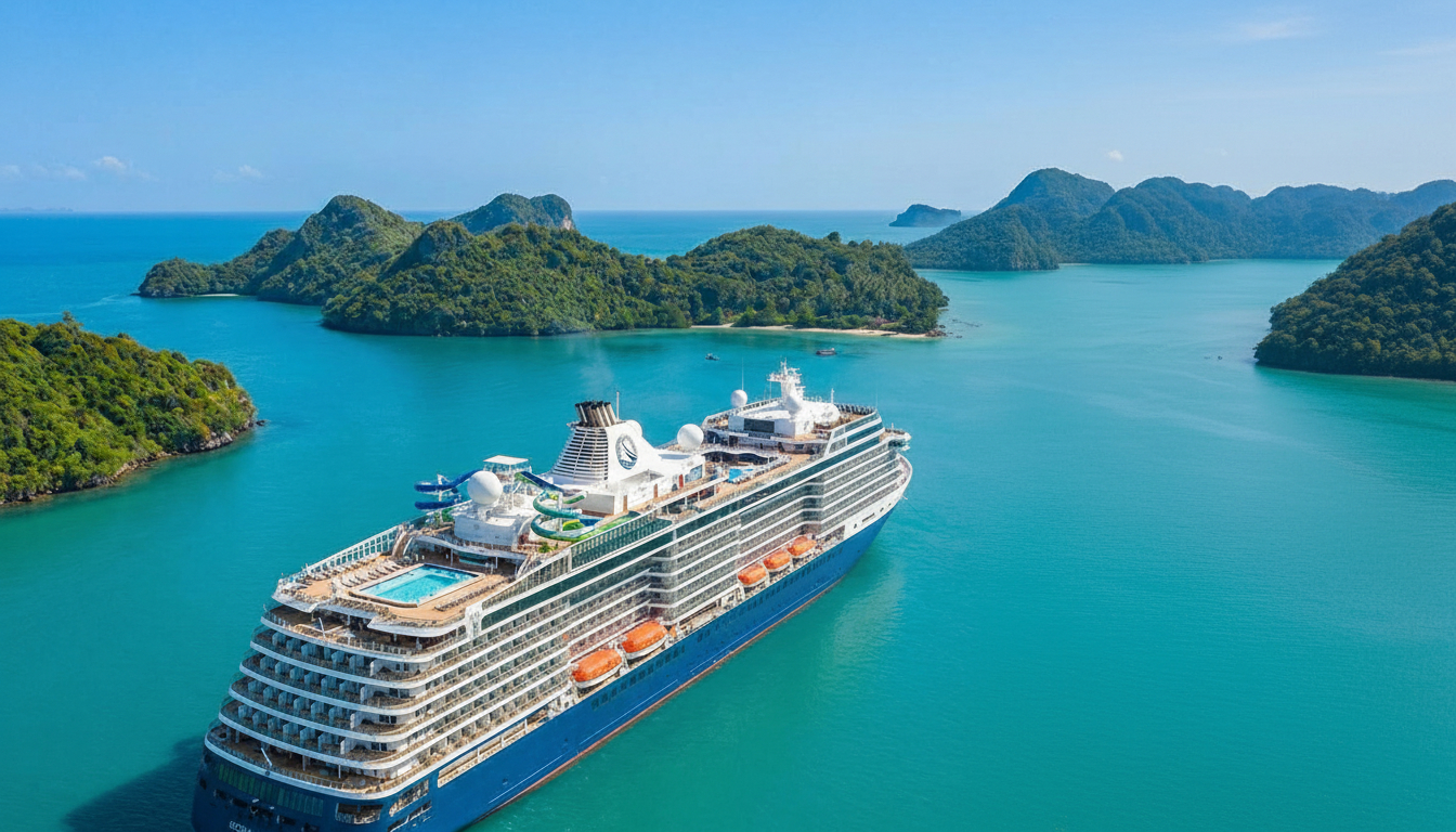 Large cruise ship anchored in turquoise waters surrounded by lush forested islands