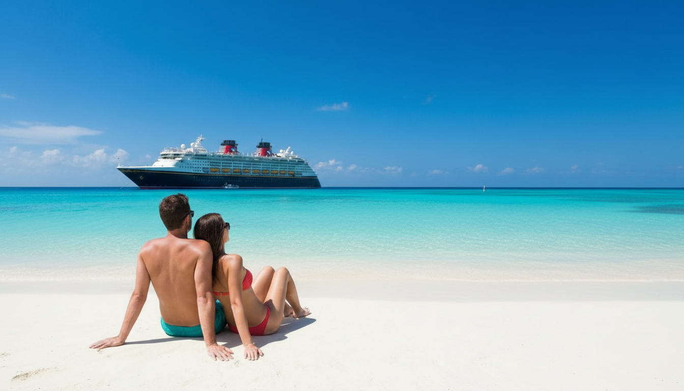 Couple sitting on white sand beach watching large cruise ship in turquoise water