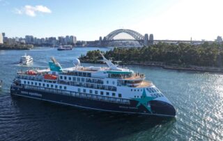 Aurora Expeditions Douglas Mawson in Sydney Harbour The expedition cruise ship Douglas Mawson (Aurora Expeditions) anchored in Sydney Harbour with