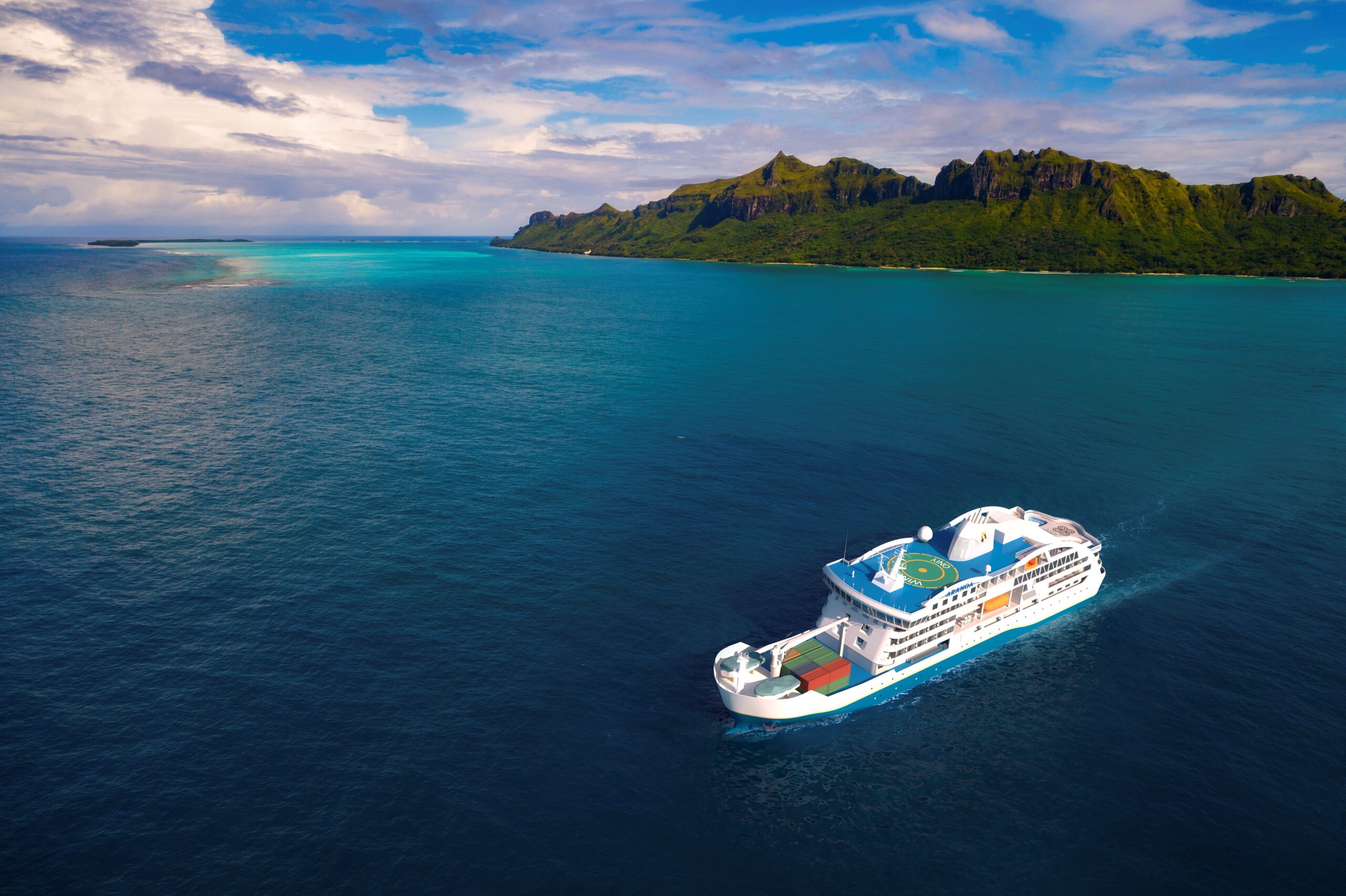 Cruise Ship Approaching Tropical Island A white cruise ship sailing near a lush, green mountainous island with dramatic coastal terrain