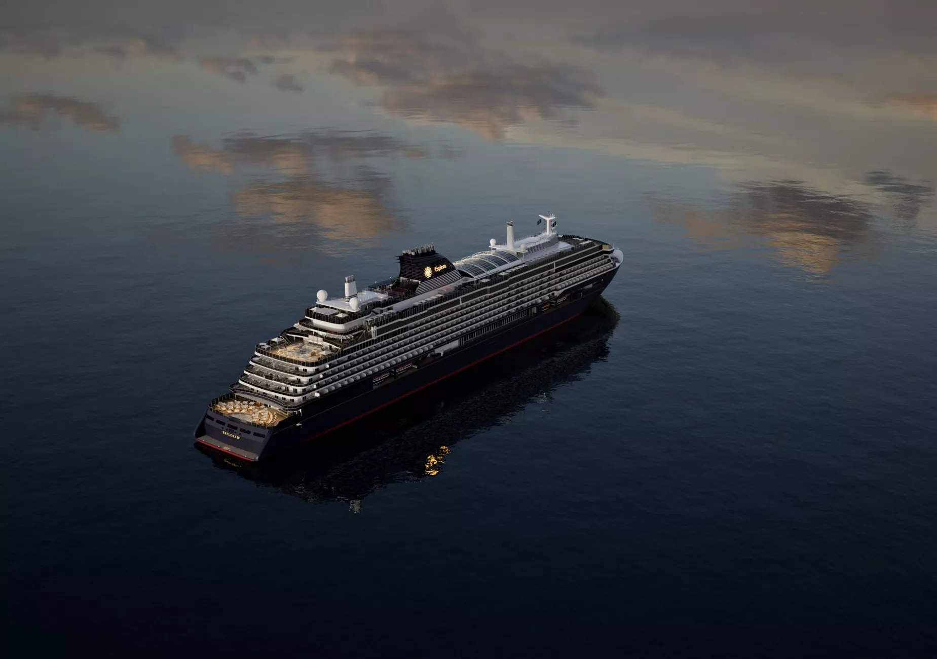 Cruise Ship at Twilight on Calm Waters A sleek, modern cruise ship sailing on a smooth, reflective ocean under a moody, cloudy sky
