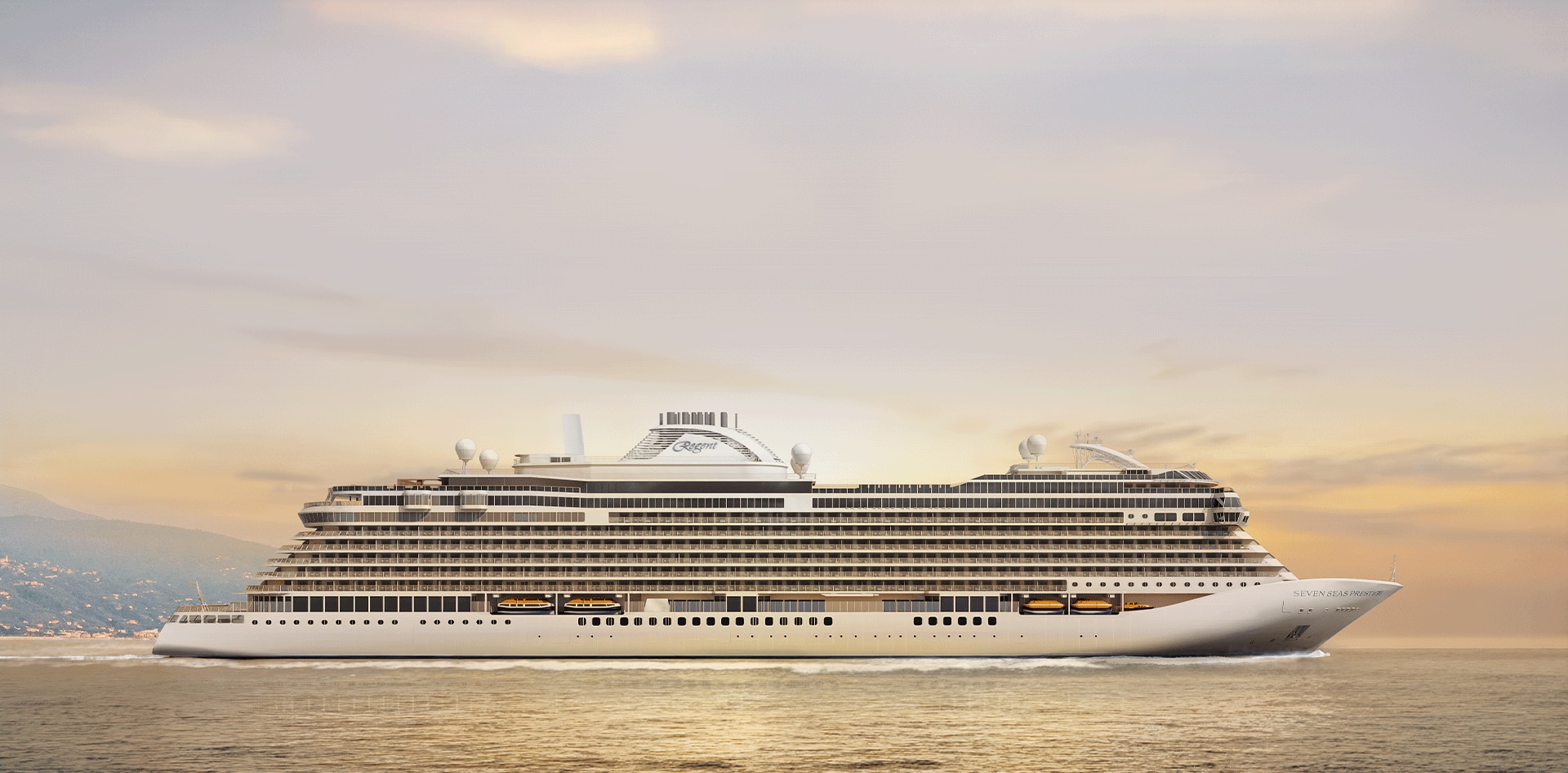 Luxury Cruise Ship at Sunset A large white cruise ship sailing on calm waters during a golden sunset, with mountains visible