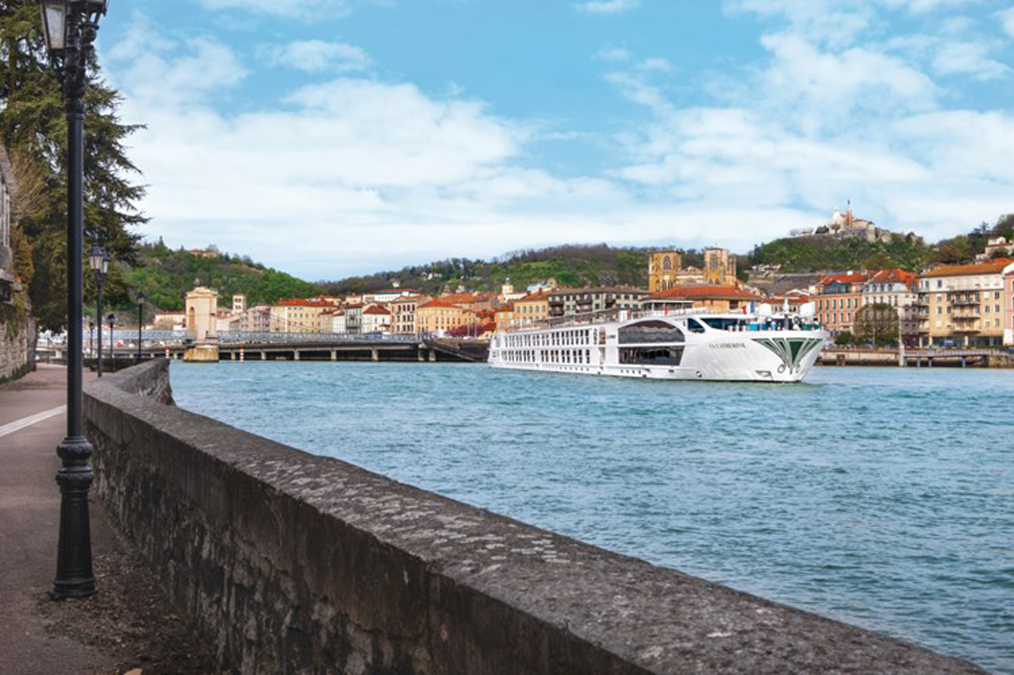 River Cruise Ship in European Waterway Port A modern white river cruise ship is moored in a picturesque European waterway lined with historic