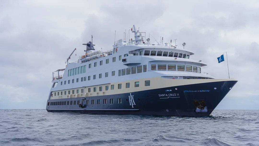 MS Santa Cruz II Expedition Cruise Ship A modern expedition cruise ship, the MS Santa Cruz II, photographed at sea in calm waters under
