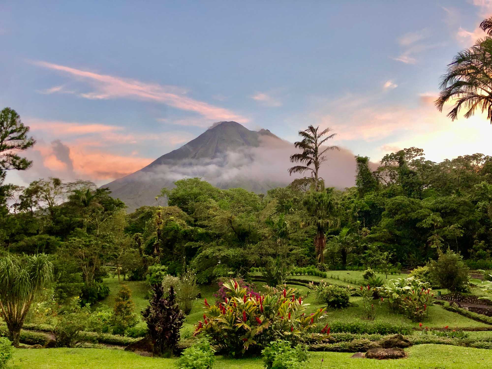 Arenal Volcano with Tropical Garden Vista A stunning view of Arenal Volcano in Costa Rica rising majestically above lush tropical rainforest and a manicured botanical garden featuring vibrant tropical plants and palm trees. The volcano's conical peak is partially shrouded in mist against a beautiful sunset sky with pink and orange hues.