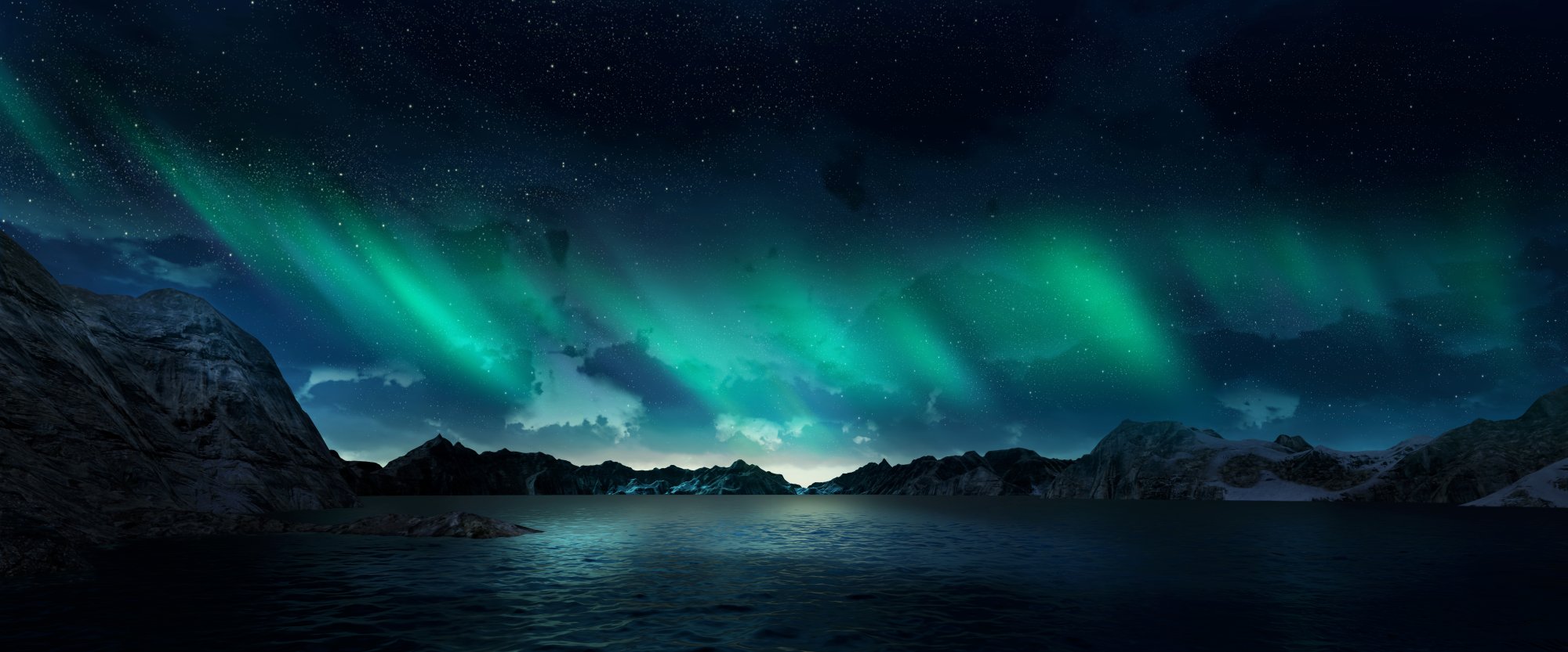 Aurora Borealis Over Arctic Fjord A breathtaking nighttime scene featuring the Northern Lights (Aurora Borealis) dancing in vibrant