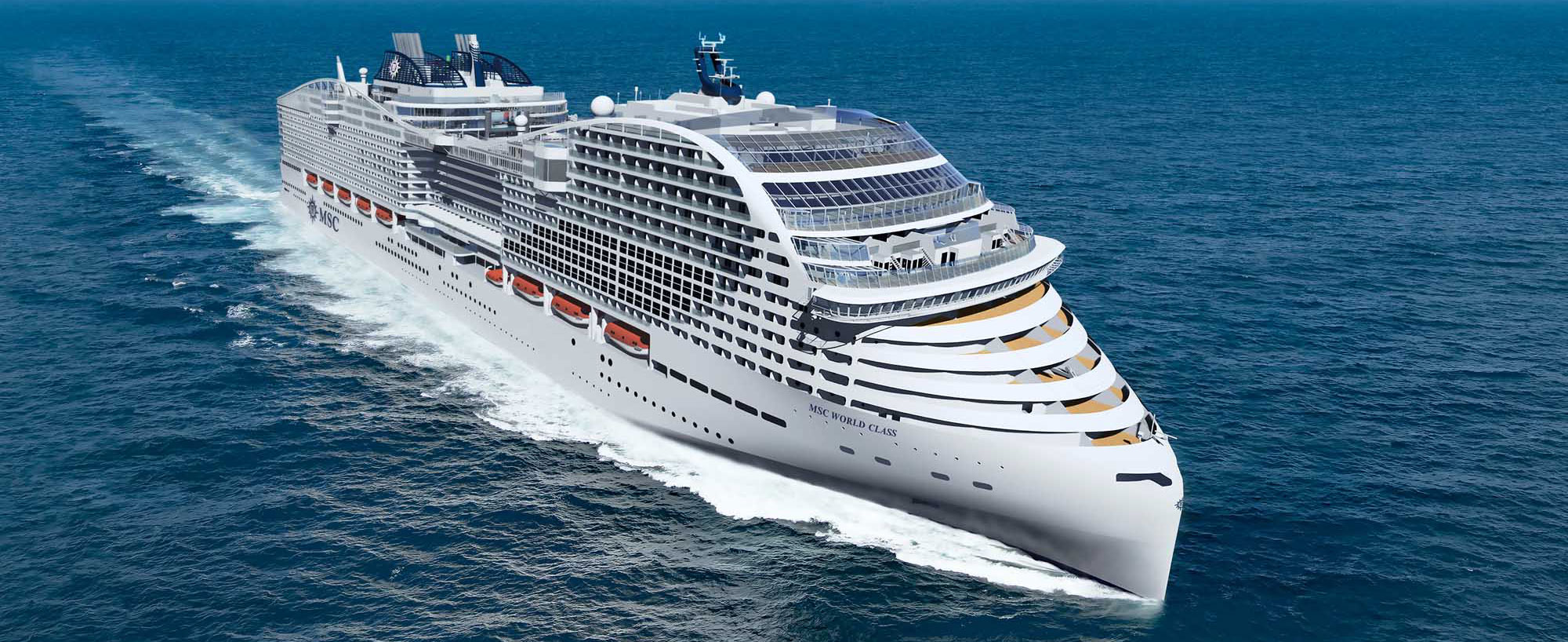 Large white MSC World Class cruise ship sailing through blue ocean water