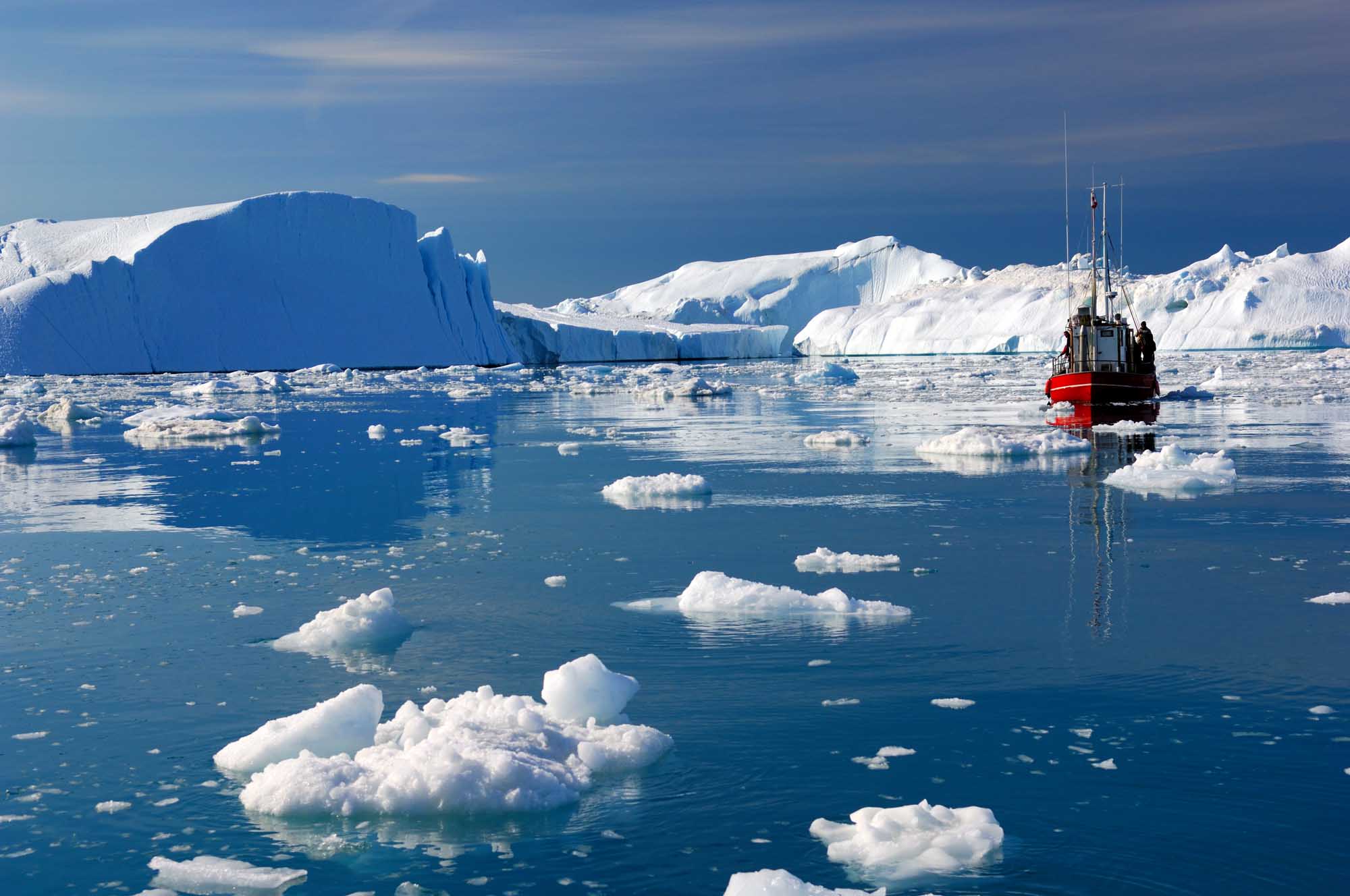 Research Vessel Among Greenland Icebergs A red and black research vessel navigates through icy waters surrounded by massive tabular icebergs