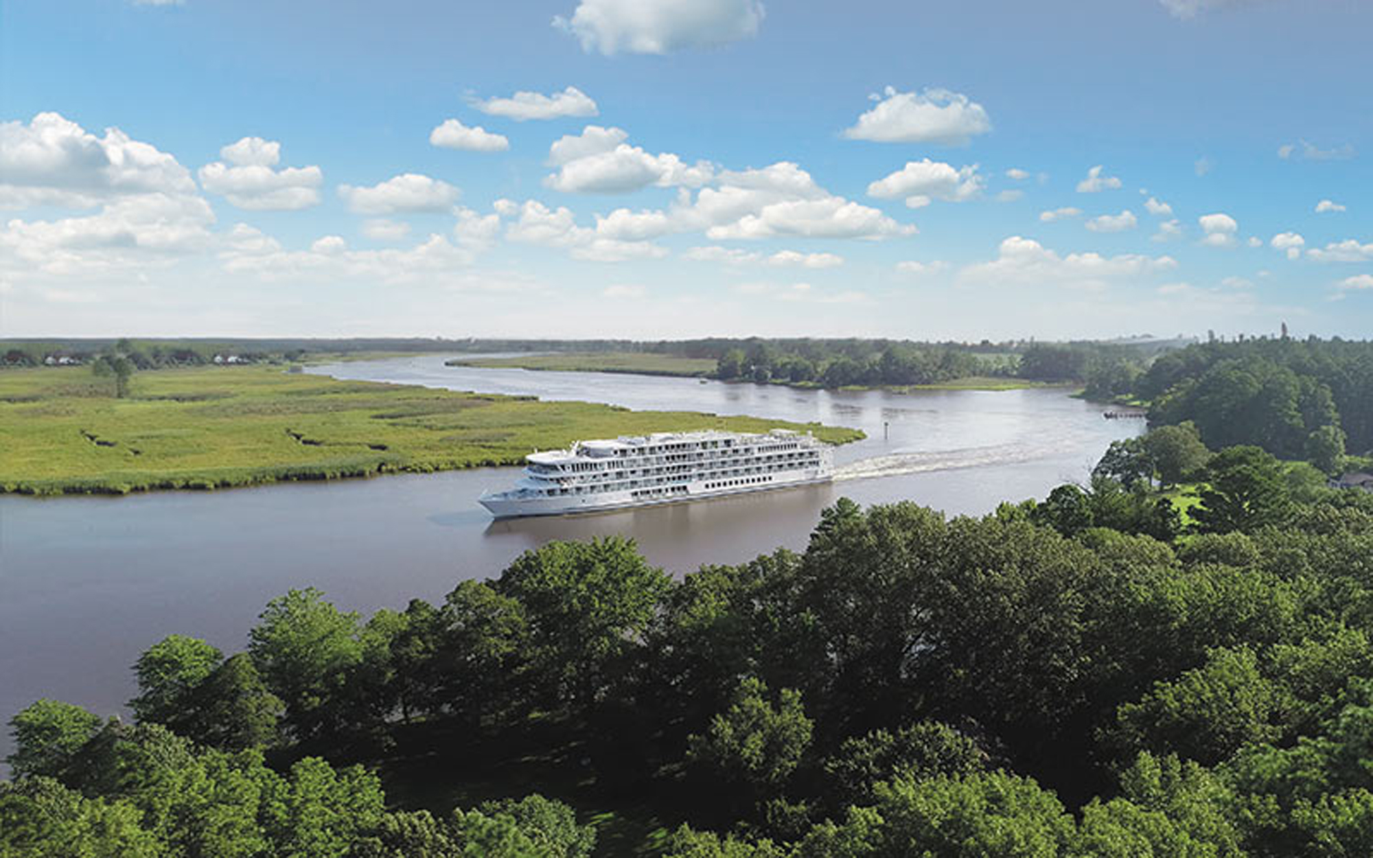 River Cruise Ship on Mississippi River A modern river cruise ship navigates through the scenic Mississippi River, surrounded by lush green forests and pastoral landscapes under a partly cloudy sky. The vessel appears to be a multi-deck river cruiser designed specifically for inland waterway navigation, showcasing the natural beauty of the American heartland.