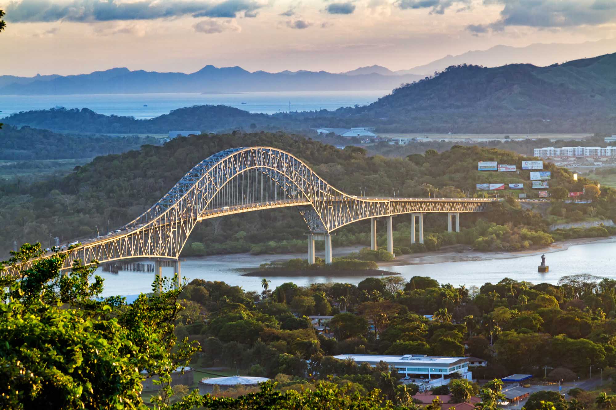 Bridge of the Americas at Panama Canal Pacific Entrance A panoramic aerial view of the iconic Bridge of the Americas spanning the Panama Canal's Pacific