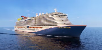 Carnival Festivale Cruise Ship at Sea A large modern cruise ship photographed from the side against a calm blue ocean and clear sky
