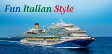 Carnival Venezia Cruise Ship at Sea A large modern cruise ship from Carnival Cruise Lines sails on blue ocean waters, featuring