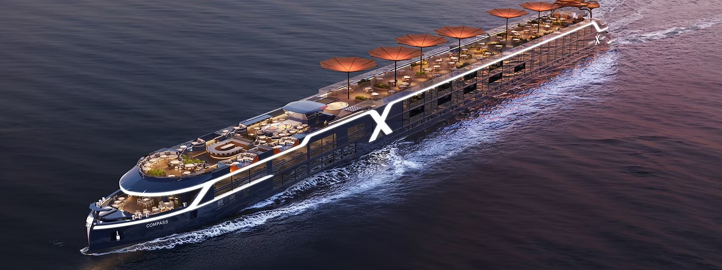 An elegant river cruise ship with modern white and dark hull design, featuring multiple outdoor