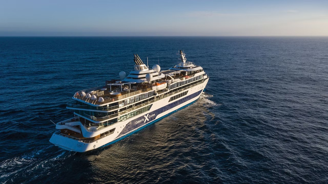 Celebrity Flora Aerial View in Galápagos Waters An aerial photograph of the Celebrity Flora, a luxury expedition cruise ship, sailing through