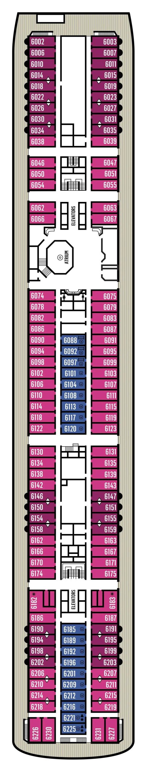 Celestyal Cruises Ship Deck Plan Overview A detailed deck plan layout of a Celestyal Cruises ship showing numbered cabin locations, public
