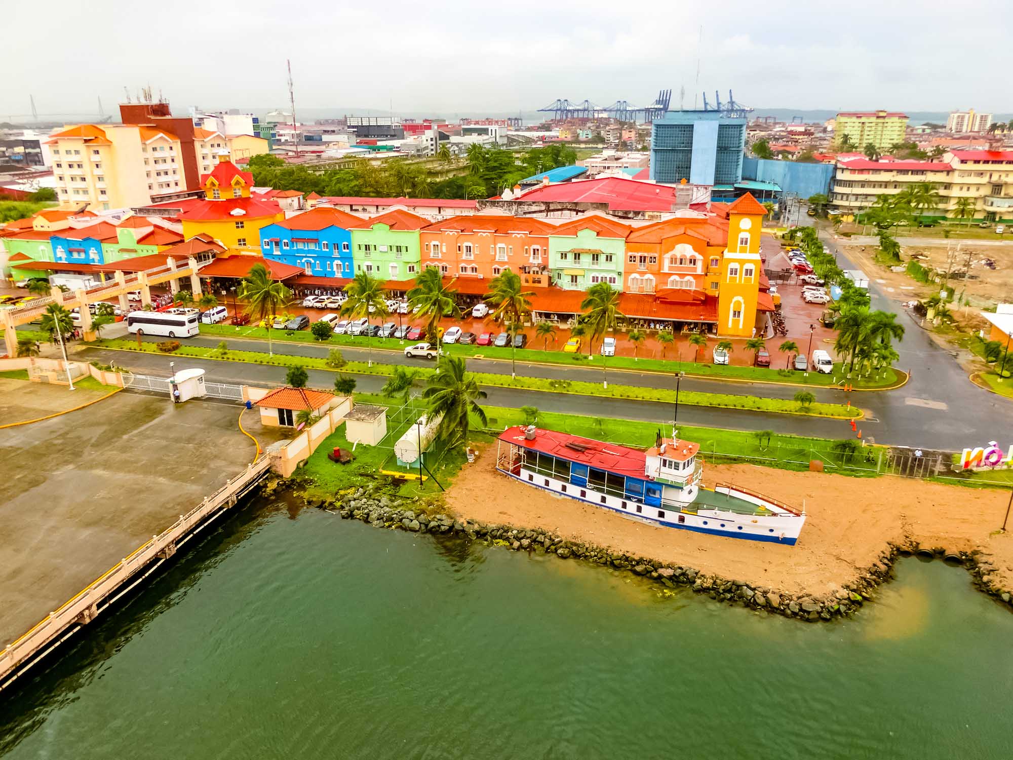 Colorful Waterfront District in Colón, Panama A vibrant aerial view of Colón's iconic colorful architecture along the Caribbean waterfront