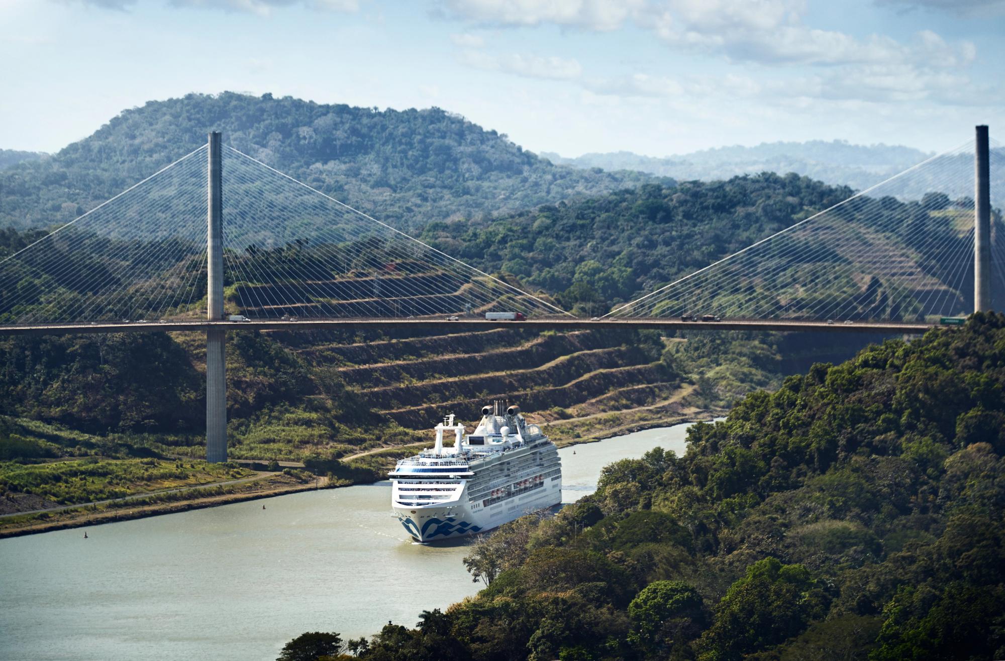 Coral Princess Transiting Centennial Bridge, Panama The Coral Princess, a Princess Cruises ship, navigates through the Panama Canal beneath the iconic