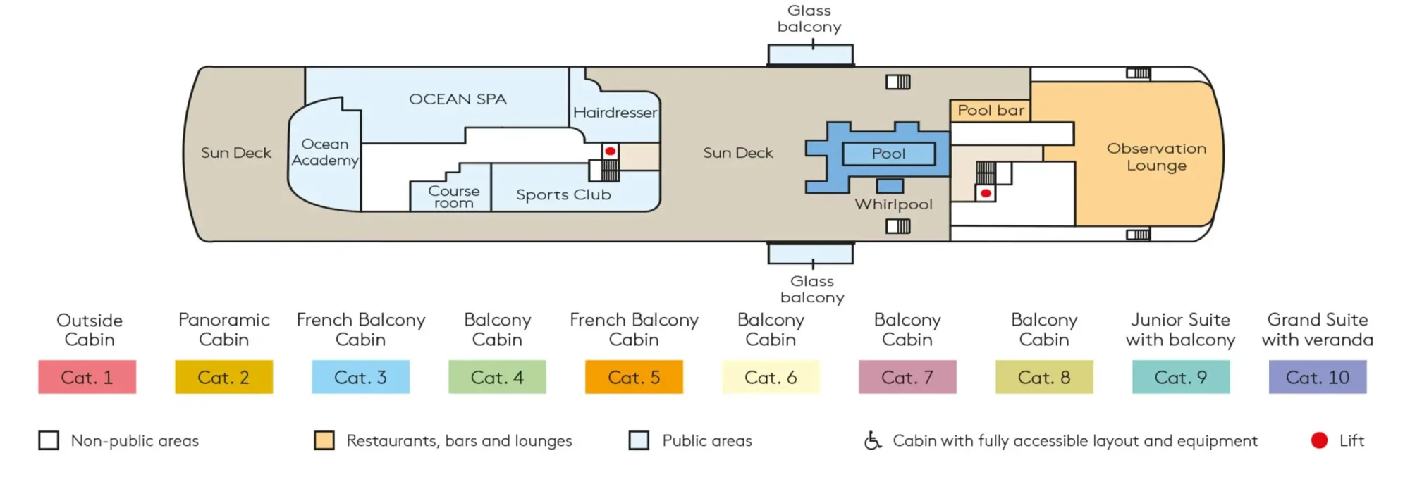 Cruise Ship Deck 8 Layout Plan A detailed deck plan layout diagram of a cruise ship showing amenities, facilities, and cabin