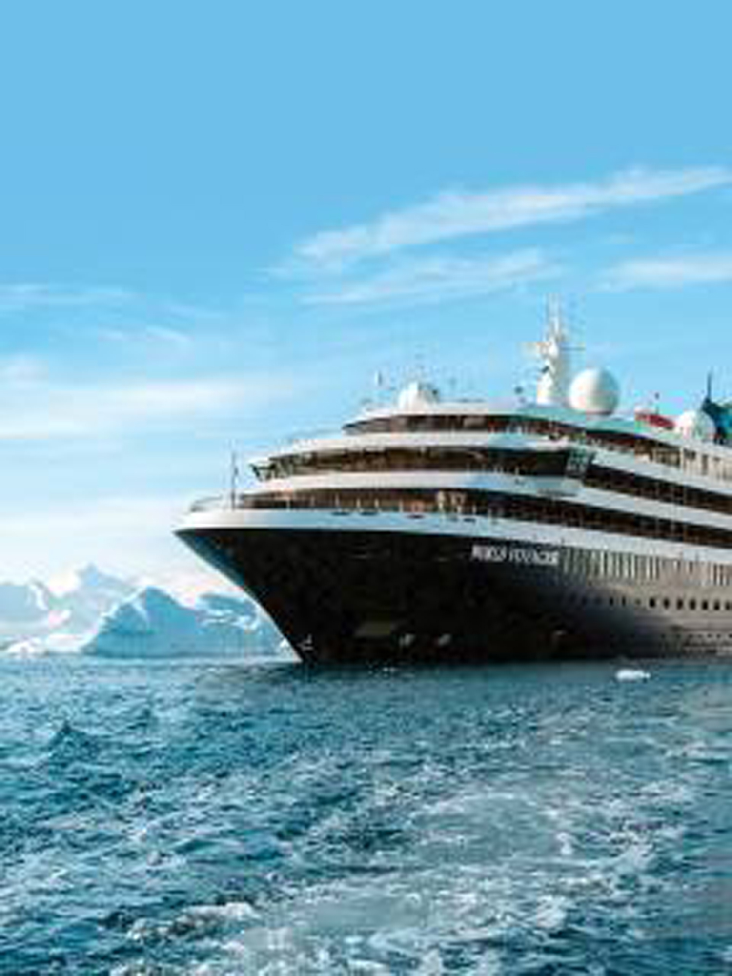 Cunard Cruise Ship in Antarctic Waters A large luxury cruise ship navigates icy Antarctic waters with an iceberg visible in
