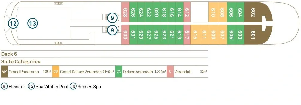 Deck 6 Suite Categories and Layout Plan A detailed deck plan diagram for Deck 6 of a cruise ship, showing the layout and categorization