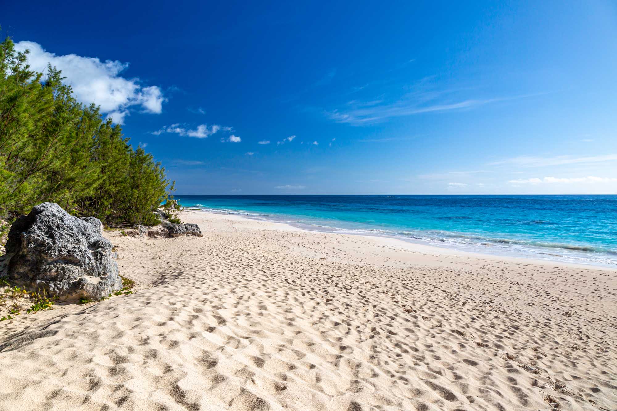 Elbow Beach Bermuda with Turquoise Waters A pristine tropical beach scene featuring soft white sand, crystal-clear turquoise waters, and lush