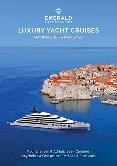 Emerald Yacht Cruises Luxury Brochure Cover 2025-2027 A promotional brochure cover for Emerald Yacht Cruises featuring a sleek luxury expedition yacht
