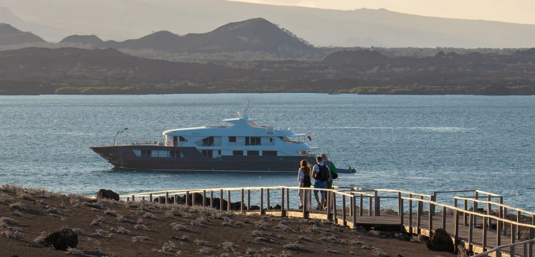 Expedition Cruise Ship at Galápagos Island Landing A blue and black expedition cruise ship anchors offshore at a pristine Galápagos island beach