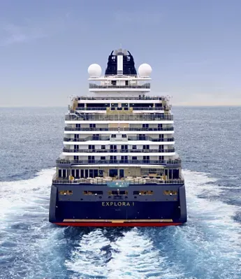Explora I Cruise Ship Stern View at Sea A full rear view of the Explora I luxury cruise ship traveling through open ocean, showcasing its