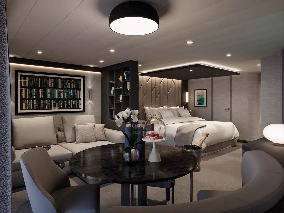 Explora Penthouse Suite with Living Area A luxurious penthouse cabin aboard Explora Journeys featuring a sophisticated open-plan layout