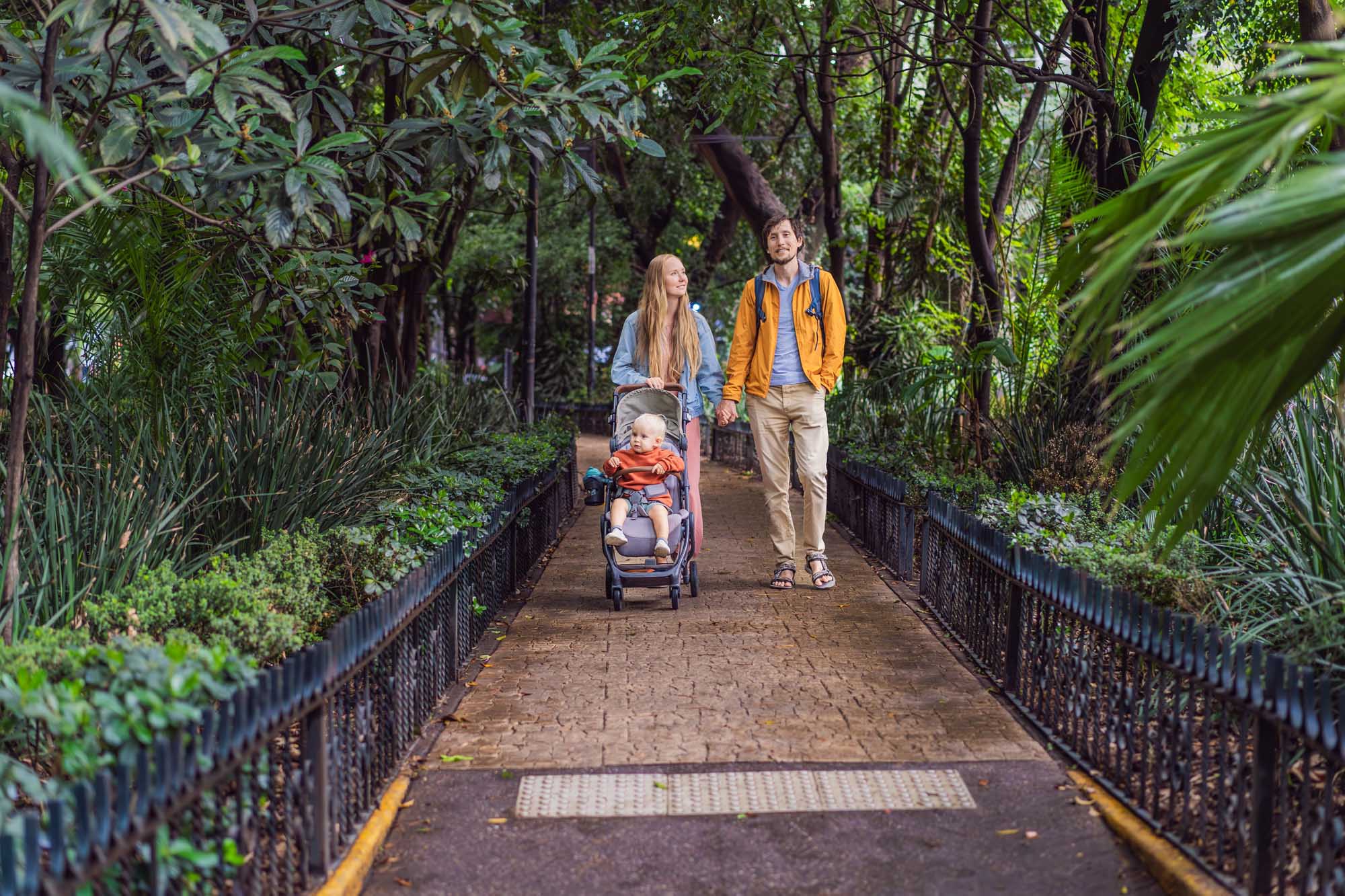 Family Strolling Through Lush Mexico City Streets A young family with a toddler in a stroller walks along a tree-lined pedestrian pathway in