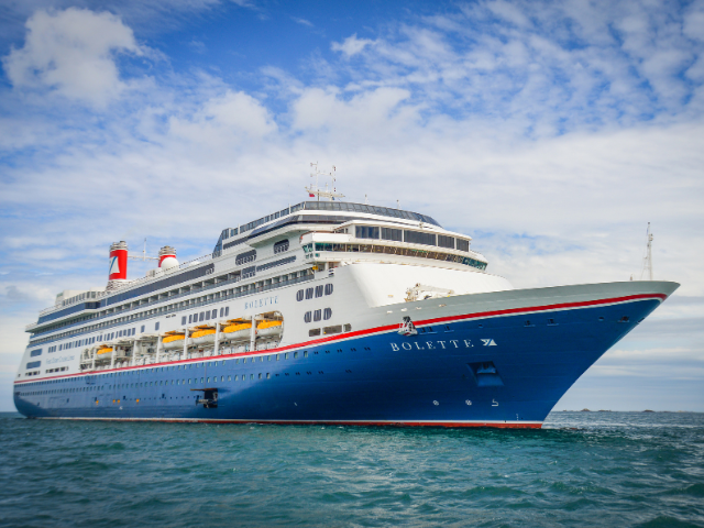 A striking exterior photograph of the Bolette, a large cruise ship operated by Fred. Olsen Cruise