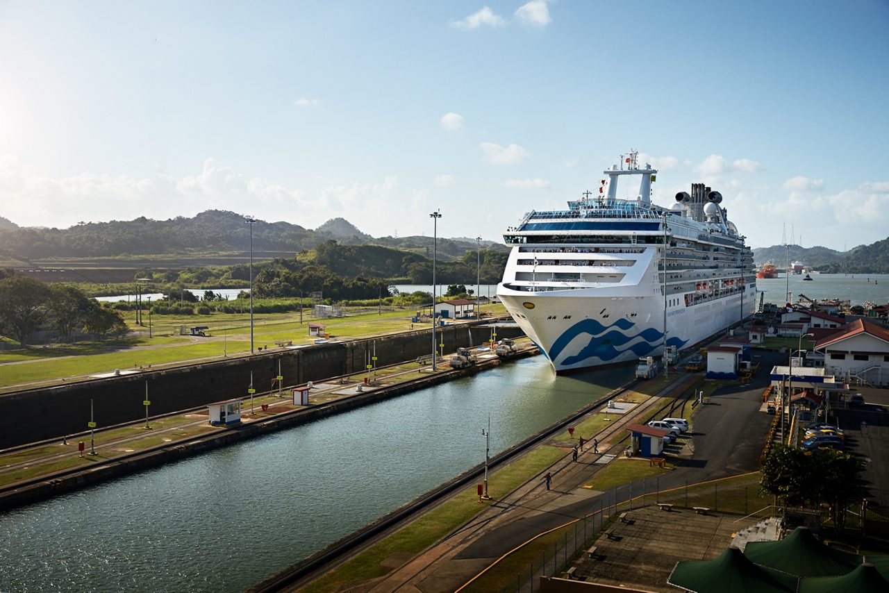 Island Princess at Panama Canal Locks A large Princess Cruises ship transits through the Panama Canal locks, with the vessel positioned