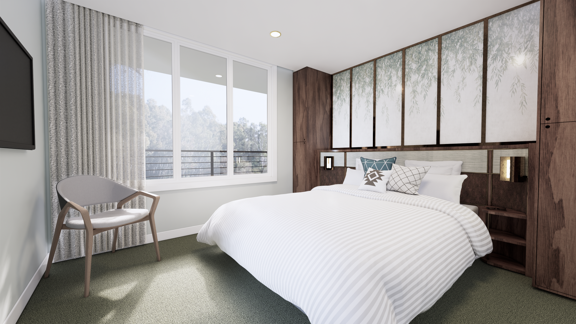 Luxury Queen Suite with River Views A modern, elegantly appointed queen suite aboard a Murray River cruise vessel, featuring a spacious