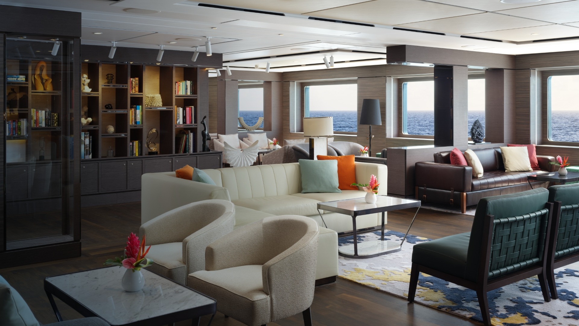 Luxury Yacht Living Room with Ocean Views An elegantly appointed living room aboard a luxury yacht, featuring contemporary furnishings