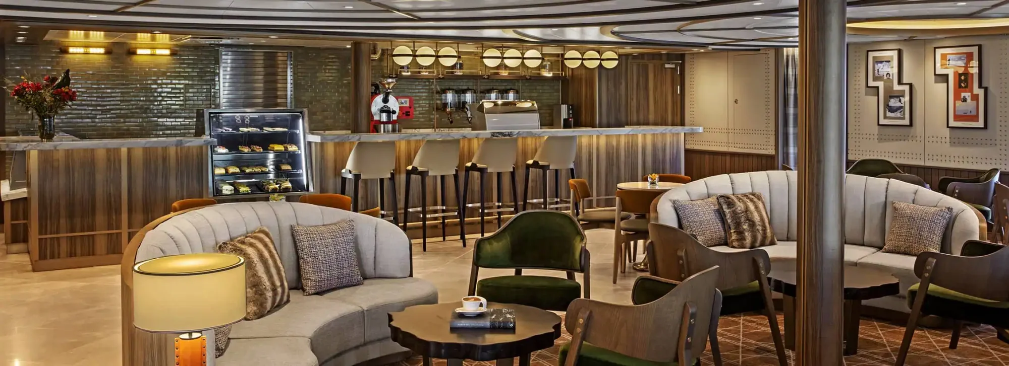 Modern Cruise Ship Lounge and Café Area An elegant and contemporary lounge space aboard a cruise ship, featuring comfortable curved gray