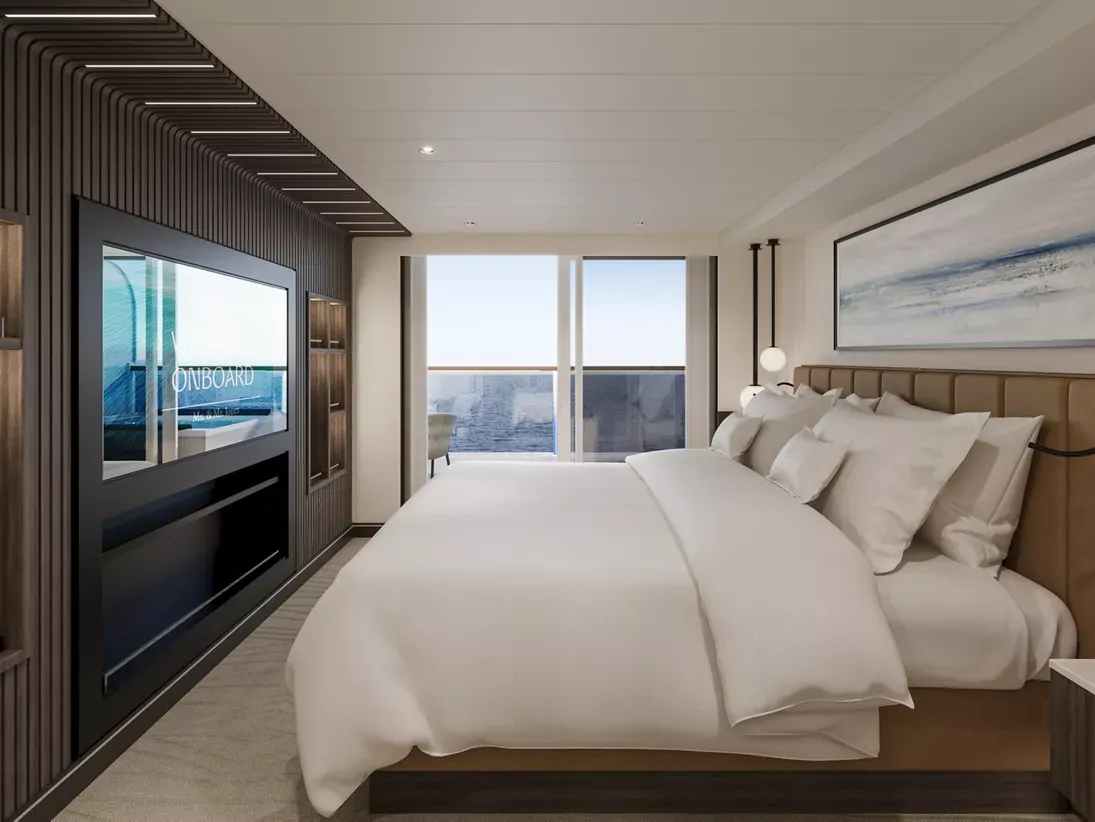 Modern Cruise Ship Luxury Bedroom Suite A contemporary luxury bedroom cabin aboard a cruise ship, featuring a king-sized bed with premium