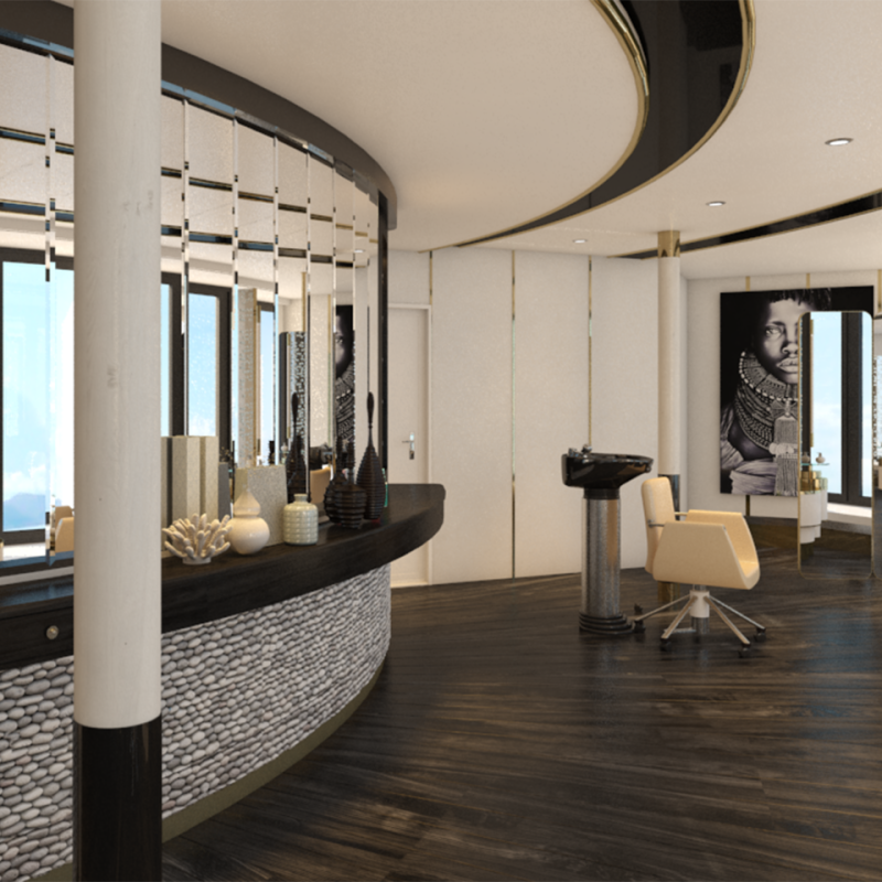 Modern Luxury Spa and Salon Interior A contemporary spa and salon space featuring curved architectural elements, a sleek black reception