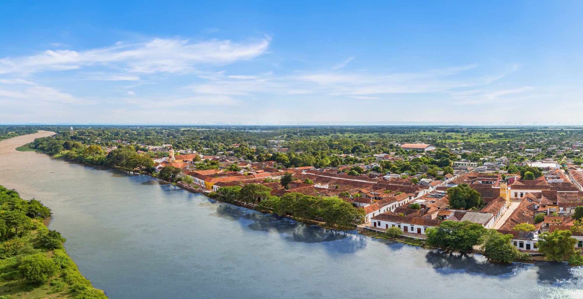 Mompóx Riverside Colonial Town, Colombia An aerial view of the historic colonial town of Mompóx nestled along a winding bend of
