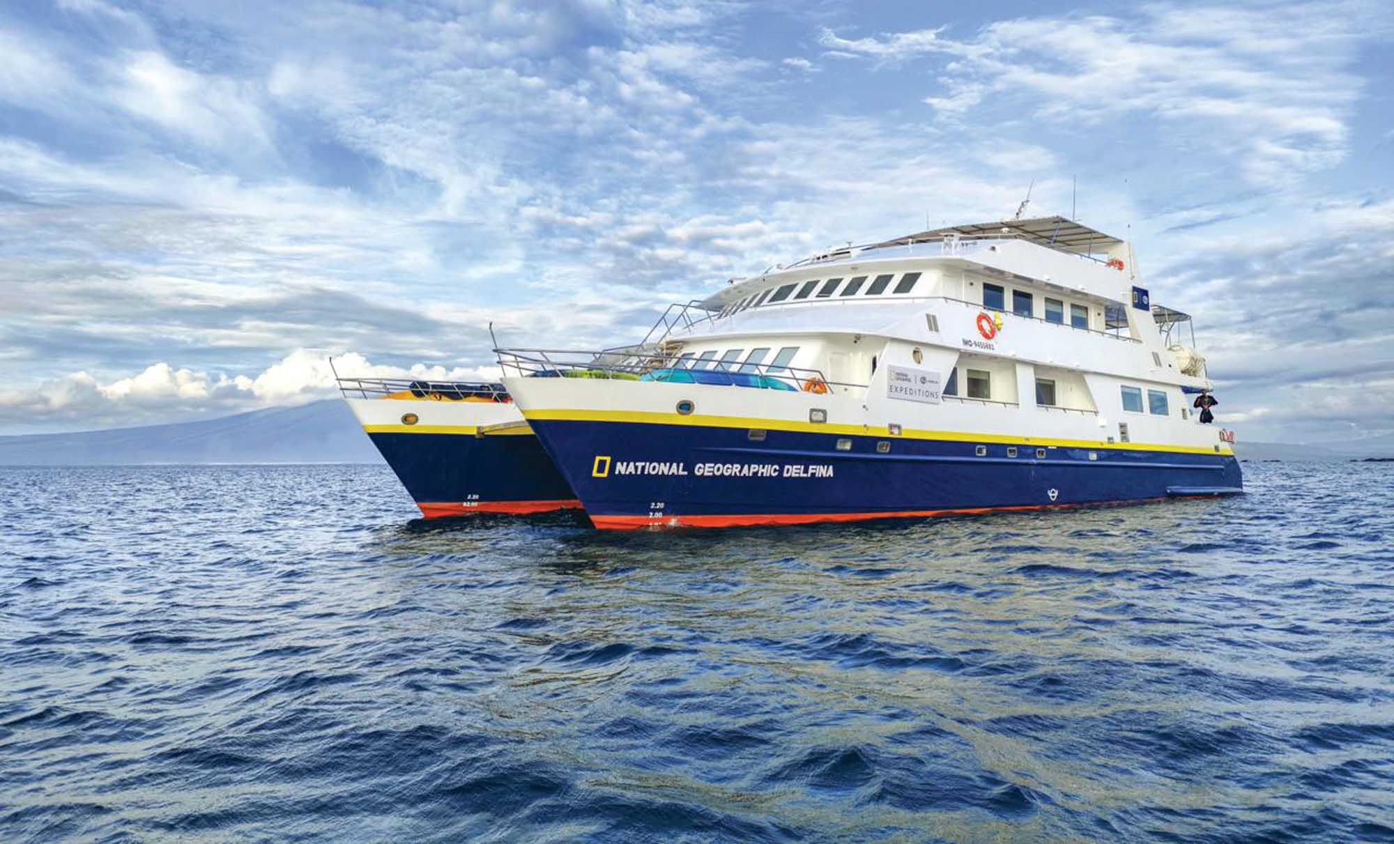 National Geographic Delfina Expedition Vessel in Ecuador Waters The National Geographic Delfina, a National Geographic-branded expedition cruise vessel, is
