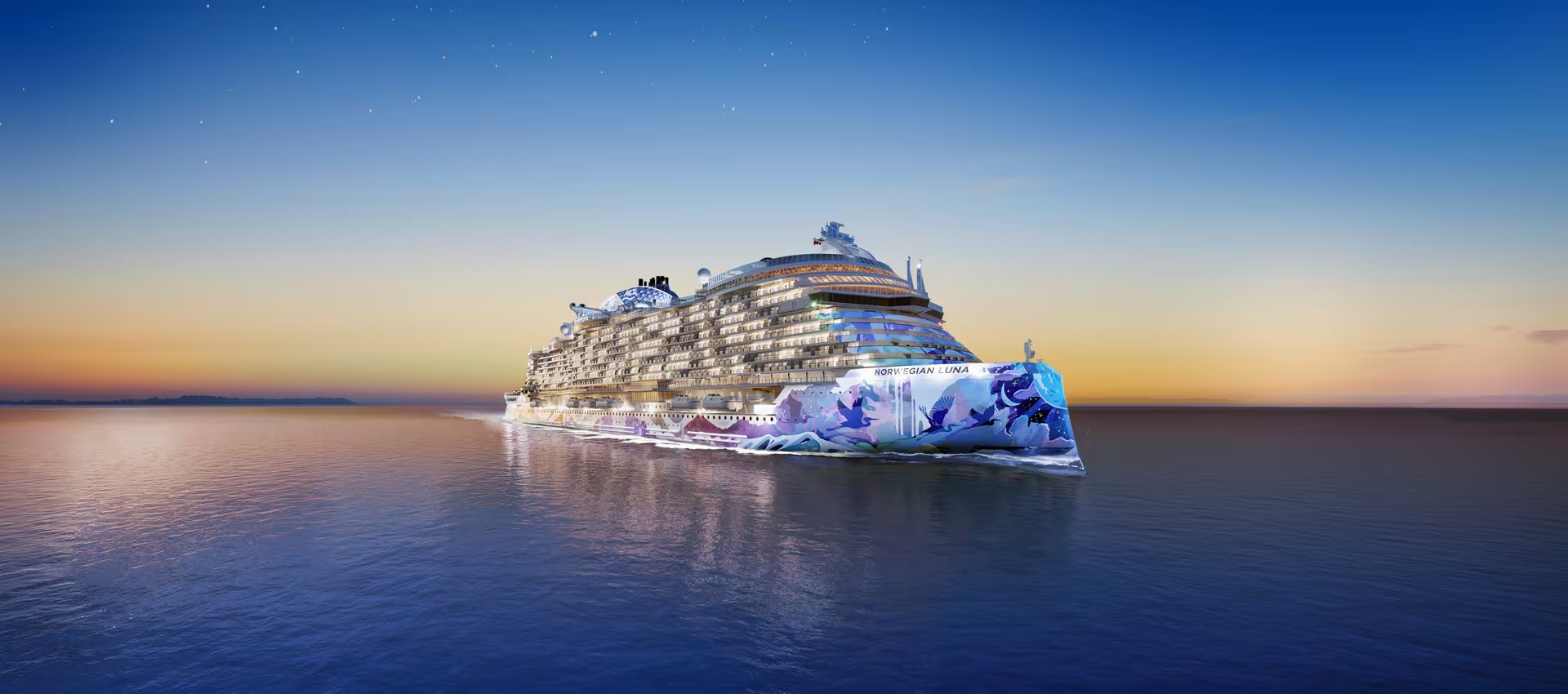 Norwegian Luna Cruise Ship at Sunset The Norwegian Luna, a modern mega cruise ship operated by Norwegian Cruise Line, glides through