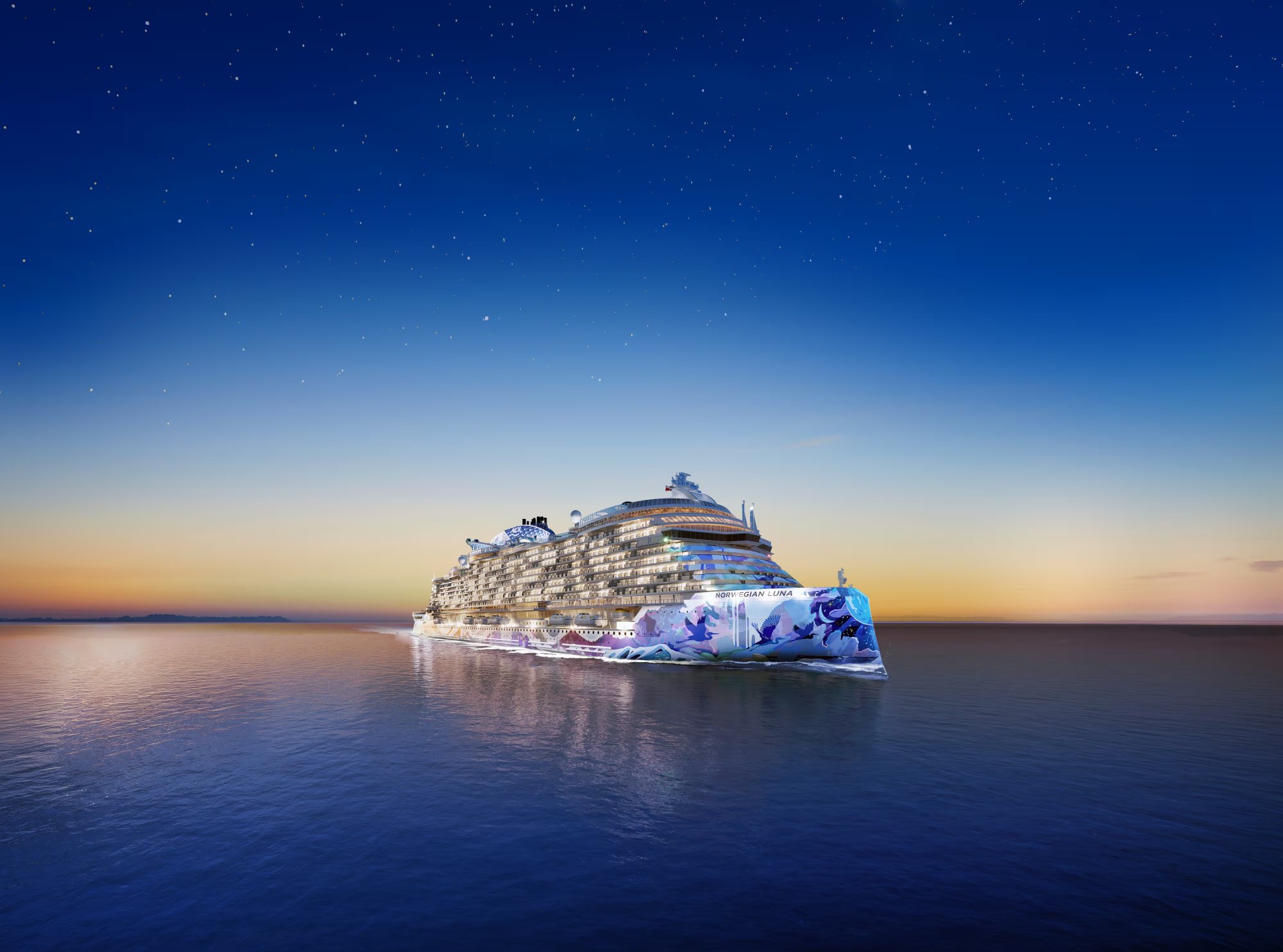 Norwegian Luna Cruise Ship at Twilight The Norwegian Luna, a modern mega-ship from Norwegian Cruise Line, is pictured in calm waters