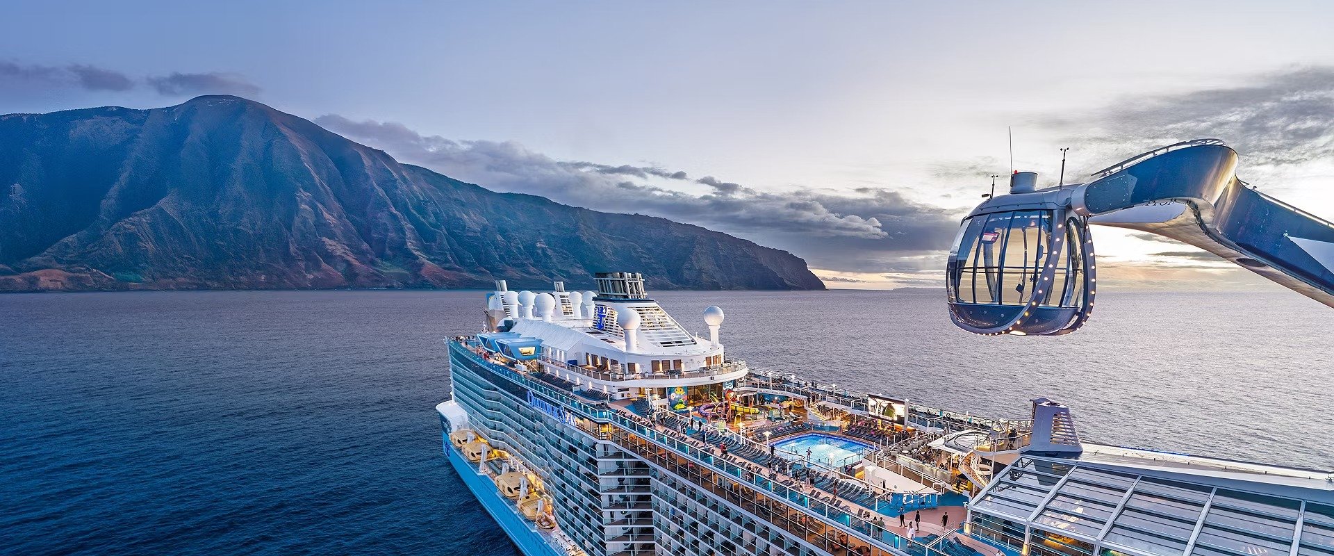 Ovation of the Seas with North Star Aerial View An aerial view of the Royal Caribbean cruise ship Ovation of the Seas anchored in clear blue waters