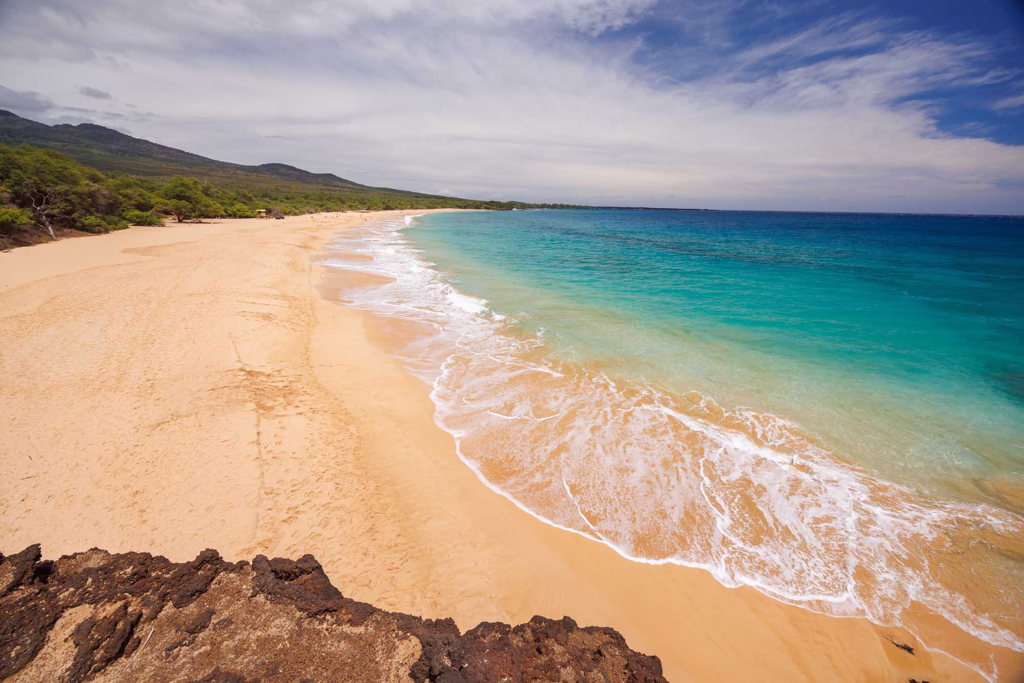 Pristine Sandy Beach in Maui, Hawaii A stunning tropical beach scene in Maui, Hawaii, featuring golden sand, crystal-clear turquoise