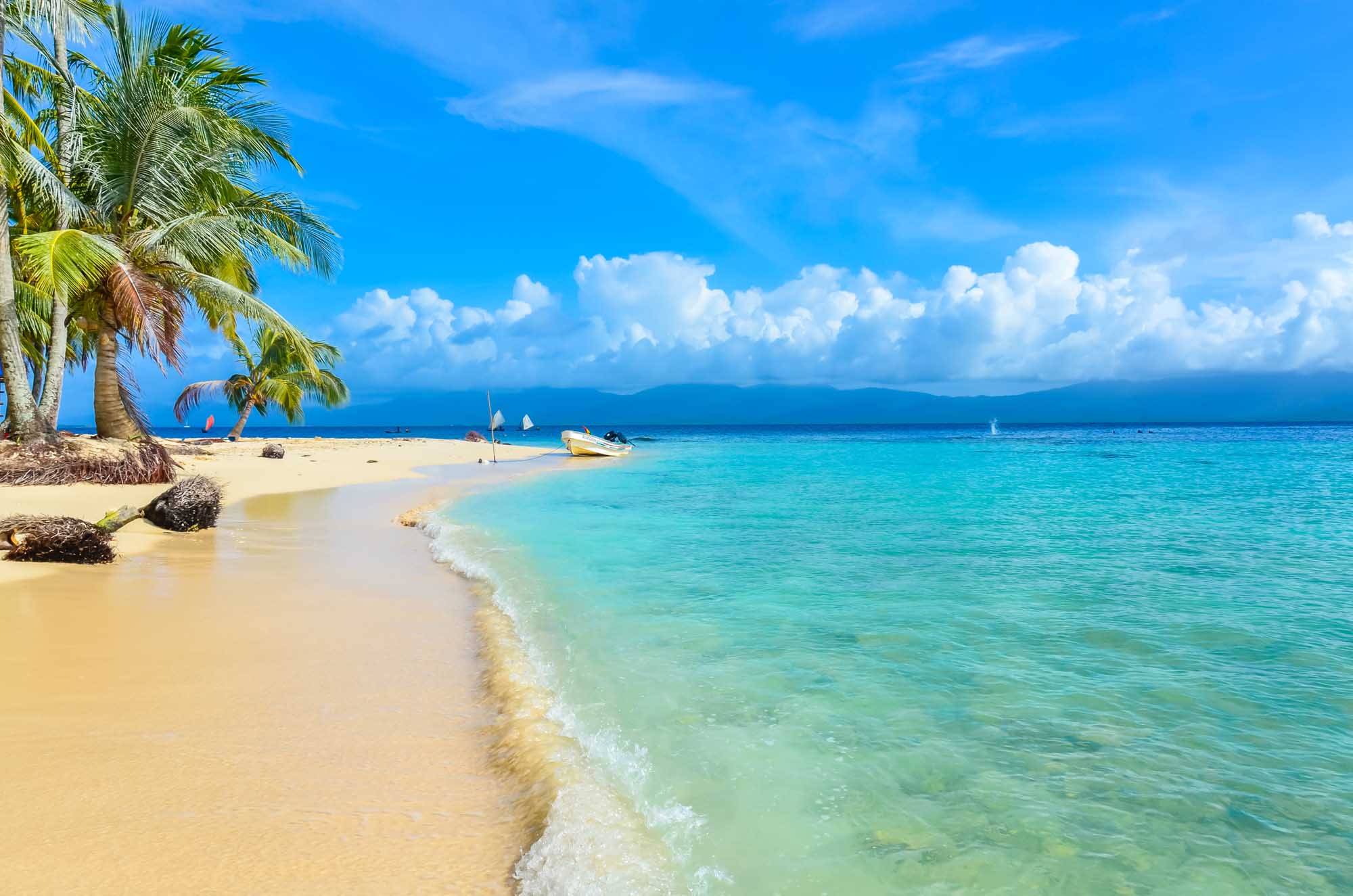Pristine Tropical Beach in San Blas Islands A picturesque Caribbean beach featuring white sand, crystal-clear turquoise waters, and swaying