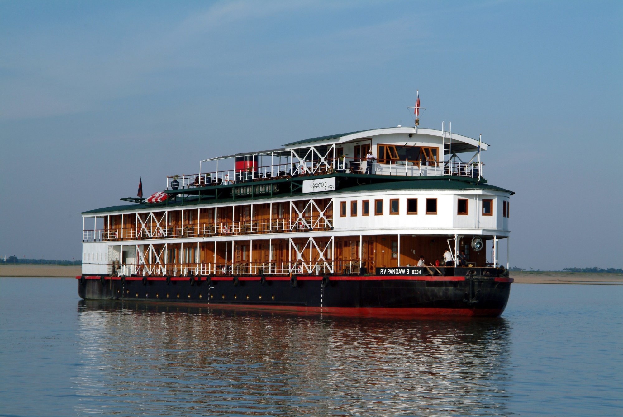 A multi-deck river cruise vessel identified as RV Pandaw, featuring classic colonial-style
