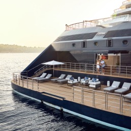 Ritz-Carlton Yacht Collection Marina Terrace A luxurious superyacht belonging to The Ritz-Carlton Yacht Collection, featuring an expansive