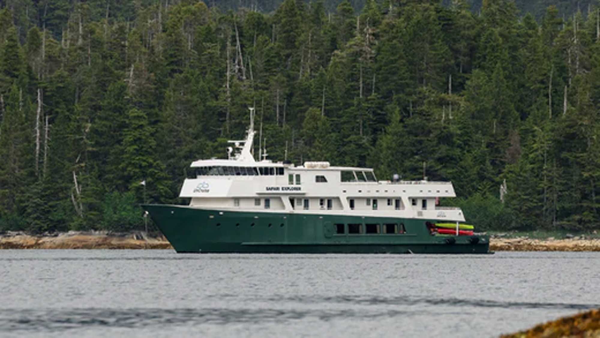 The Safari Explorer, an UnCruise small expedition cruise ship, anchored in pristine Alaskan waters